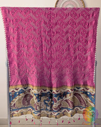 Onion Pink Muga Silk Dupatta with Bandhani body and hand-painted Kalamkari border