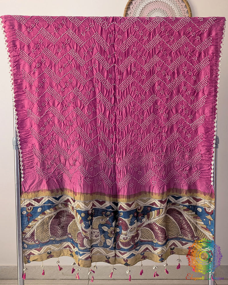 Onion Pink Muga Silk Dupatta with Bandhani body and hand-painted Kalamkari border