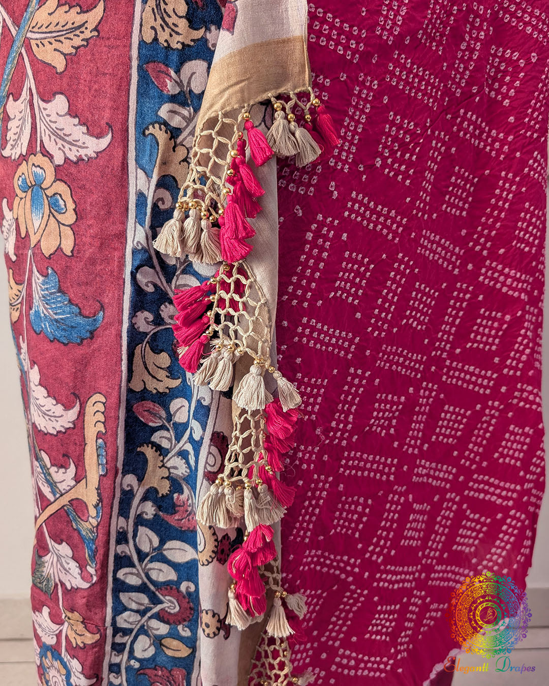 Close-up highlighting the natural sheen and luxurious texture of the Pink Bandhani Kalamkari Muga Silk Saree