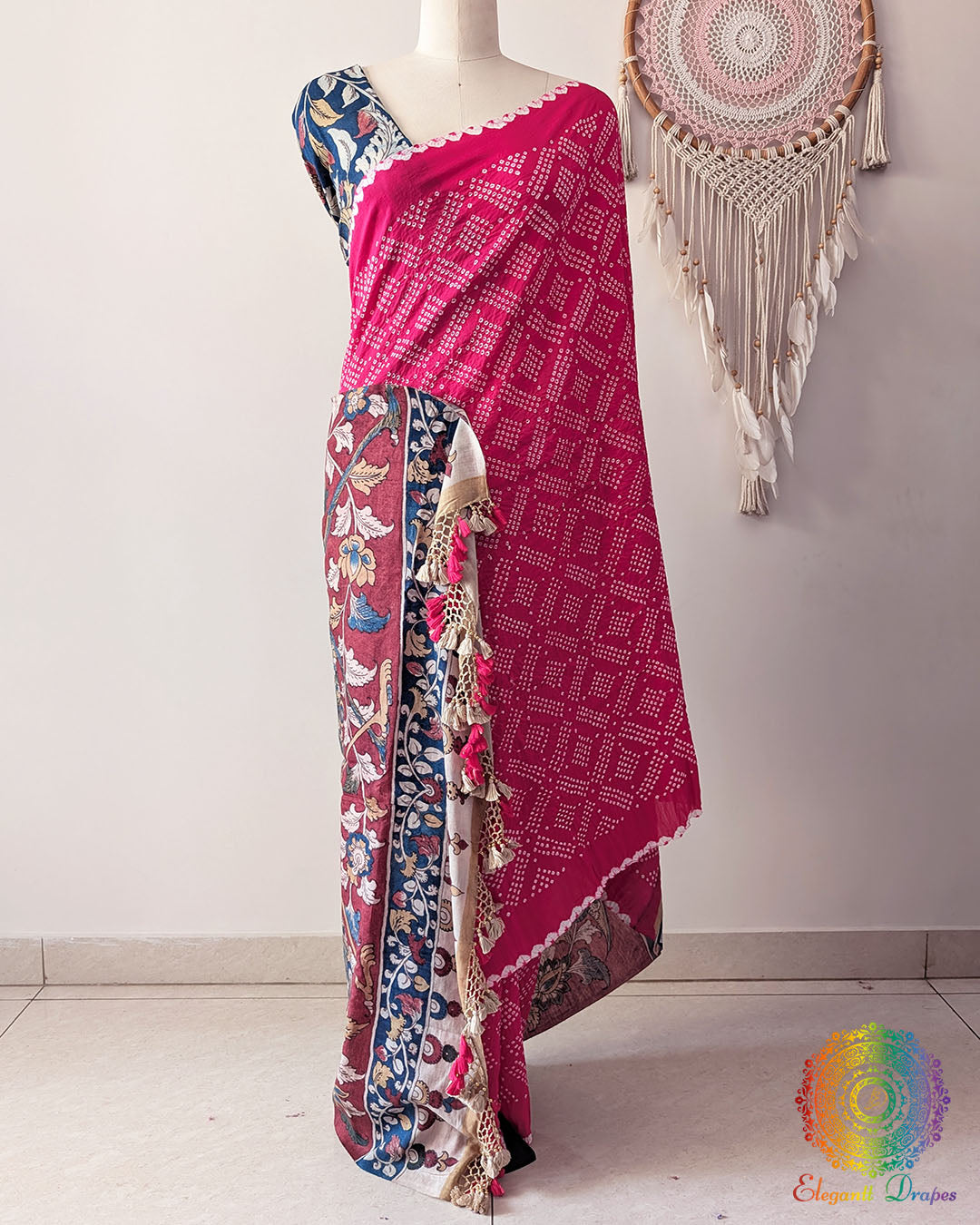 Full drape of the Pink Bandhani Kalamkari Muga Silk Saree featuring a Bandhani body and Kalamkari pallu