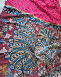 Close-up of the intricate Kalamkari artwork on the pallu of the Pink Bandhani Muga Silk Saree