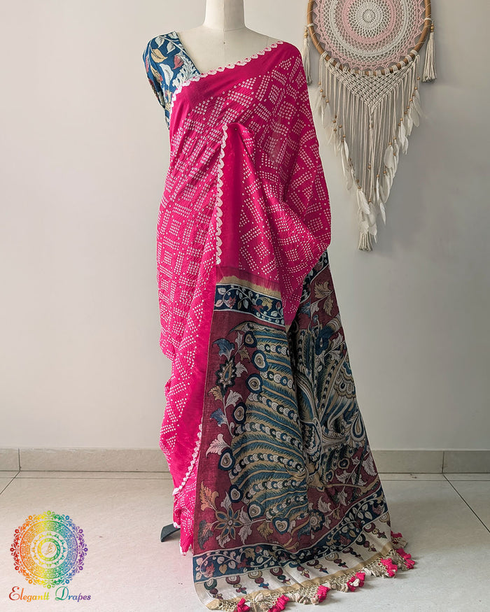Pink Bandhani Kalamkari Muga Silk Saree showcased on a mannequin highlighting its elegant drape and traditional craftsmanship