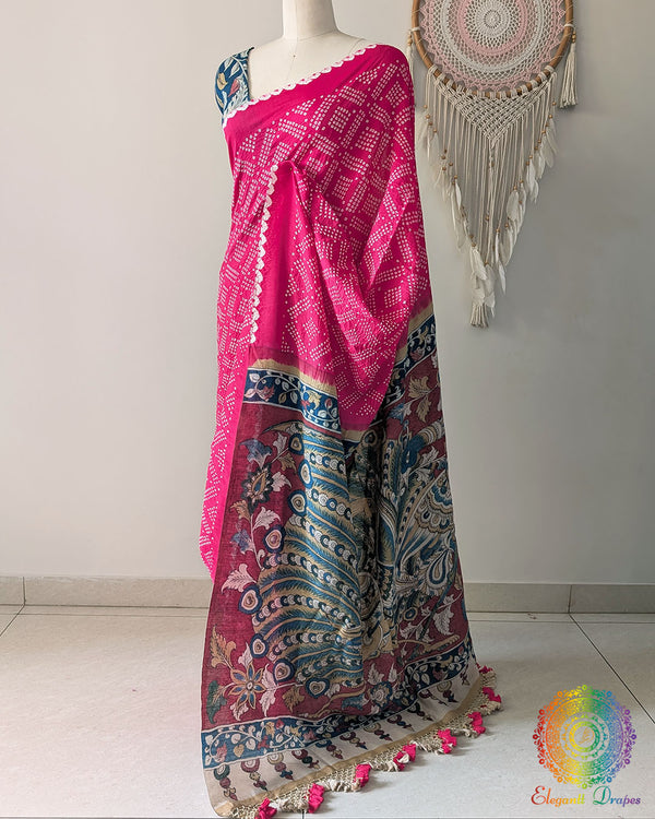 Side view of the Pink Bandhani Kalamkari Muga Silk Saree showcasing the graceful silhouette and rich Muga Silk texture