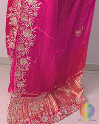 Dabka embroidery detail on pink orange silk saree