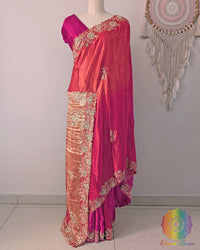 Pink orange shaded Gaji silk dabka handwork saree open view