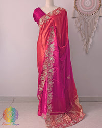 Pink orange shaded Gaji silk dabka handwork saree drape view
