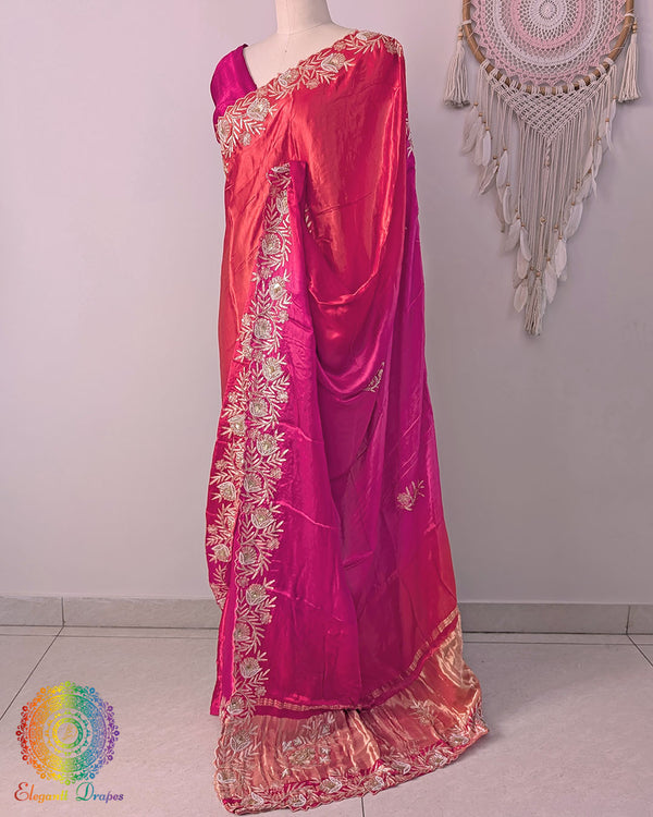 Pink orange shaded Gaji silk dabka handwork saree border detail