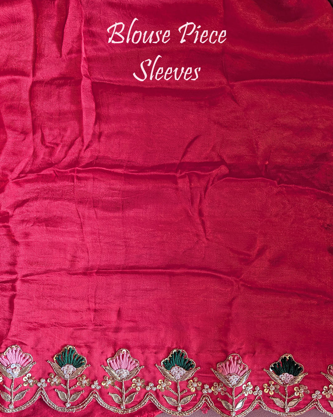 Blouse of pink orange ombre shaded gaji silk saree highlighting gota patti and resham