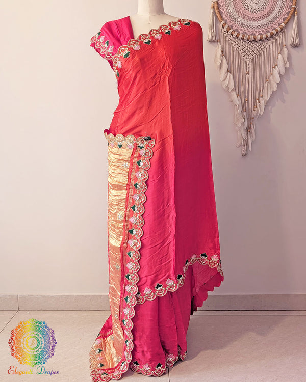 Pink orange ombre gaji silk saree drape showing hand embroidery and colour gradient