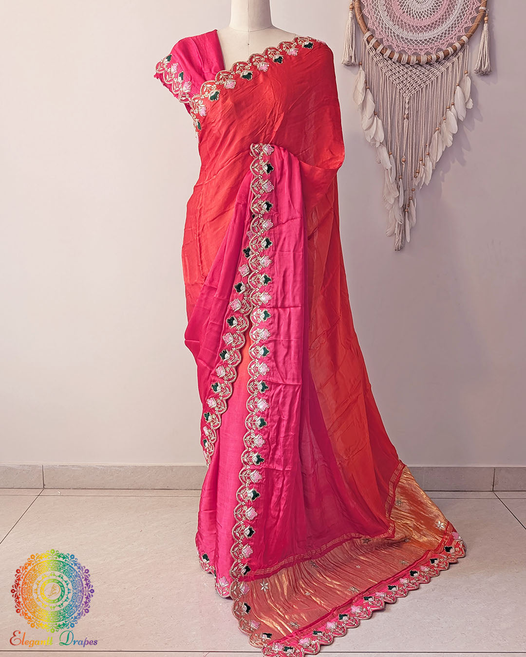 Pink orange ombre shaded gaji silk saree with gota patti and resham work Elegantt Drapes