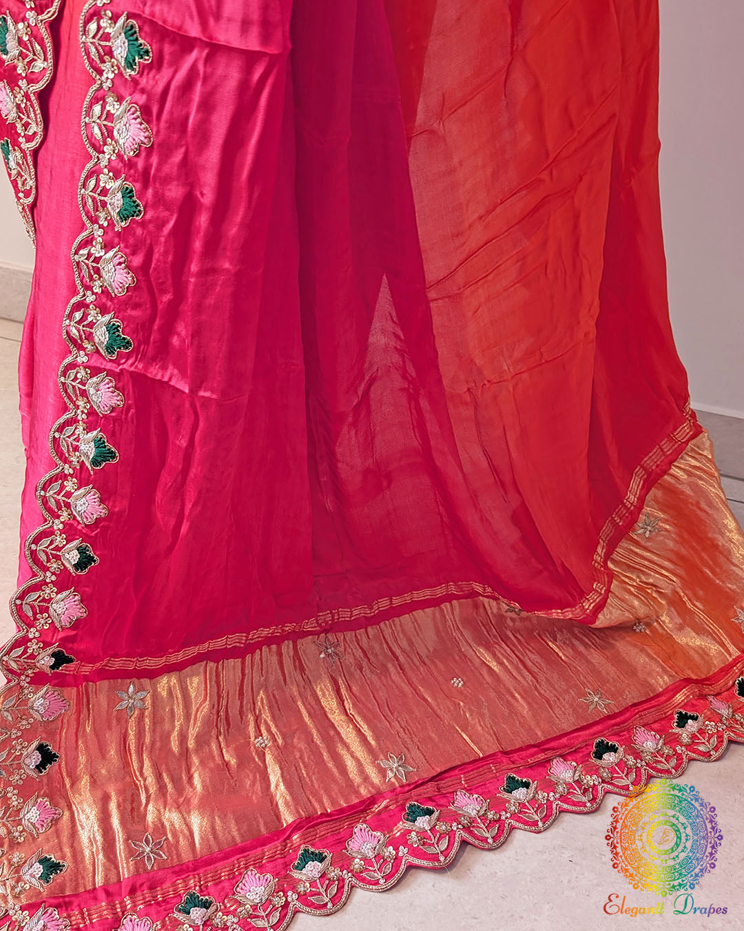Palla of pink orange ombre shaded gaji silk saree highlighting gota patti and resham