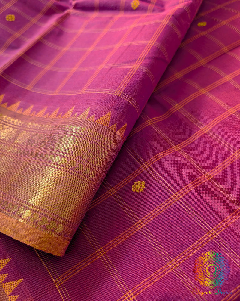 Pink Kanchi cotton saree close up highlighting checkered pattern and fabric texture
