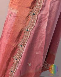 Pink orange soft tissue silk cutdana embroidery detail