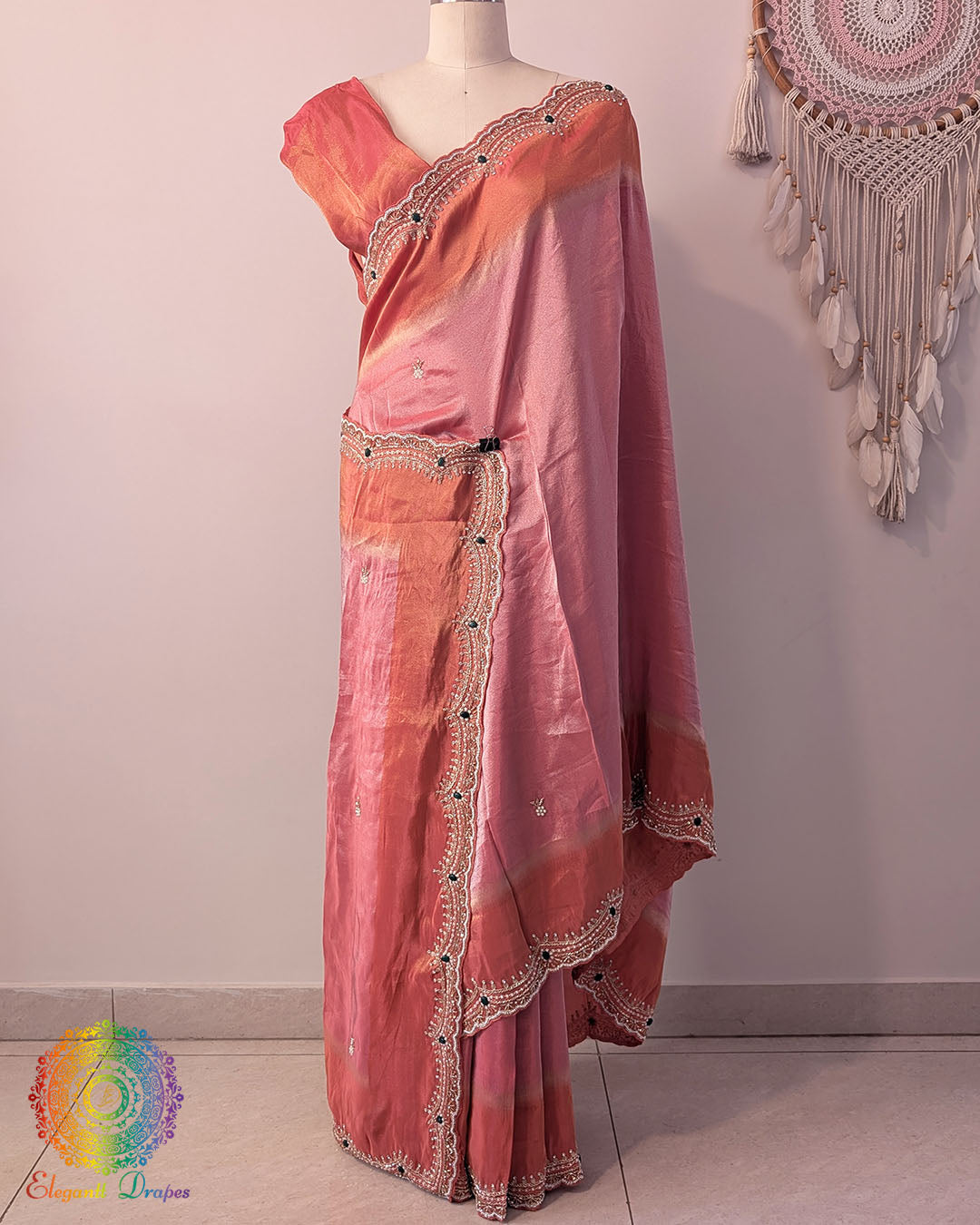 Pink orange soft tissue silk cutdana handwork saree open view