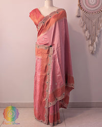 Pink orange soft tissue silk cutdana handwork saree open view