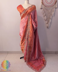 Pink orange soft tissue silk cutdana handwork saree drape view
