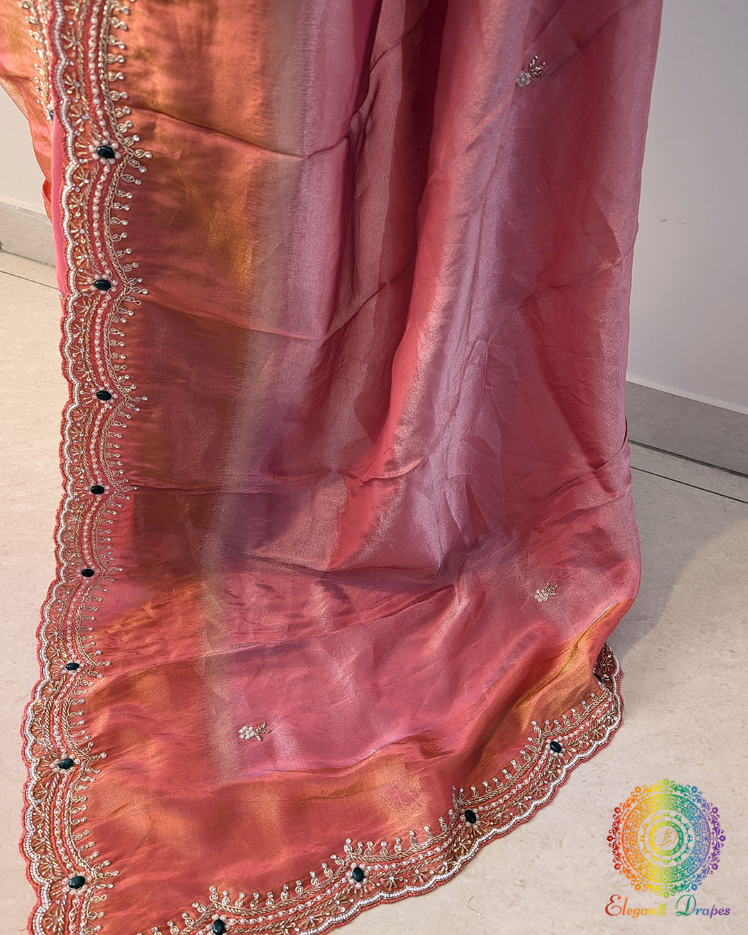 Pink orange soft tissue silk cutdana handwork saree palla view