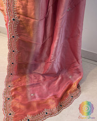 Pink orange soft tissue silk cutdana handwork saree palla view