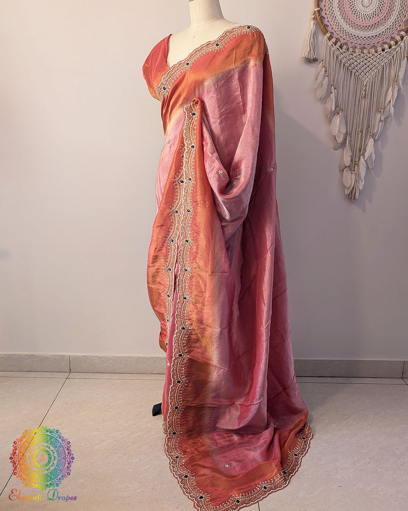 Pink orange soft tissue silk cutdana handwork saree palla drape view