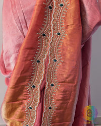 Pink orange soft tissue silk cutdana handwork saree border detail