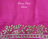 Pink Organza Leheria Saree – Blouse sleeve detail showcasing the matching Organza fabric and handcrafted Kachha Gota embellishment