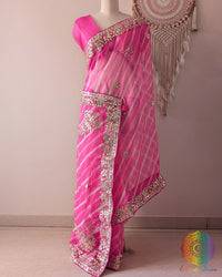 Pink Organza Leheria Saree with Kachha Gota Handwork – Palla Drape showcasing the detailed palla, Leheria pattern and delicate handcrafted Kachha Gota work