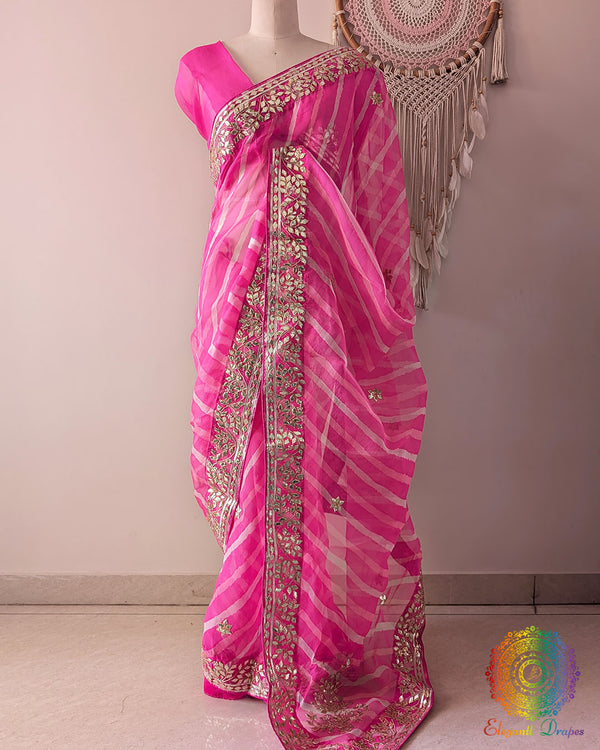 Pink Organza Leheria Saree with Kachha Gota Handwork – Front Drape showcasing the elegant pink shade, graceful Leheria pattern and intricate handcrafted Kachha Gota detailing
