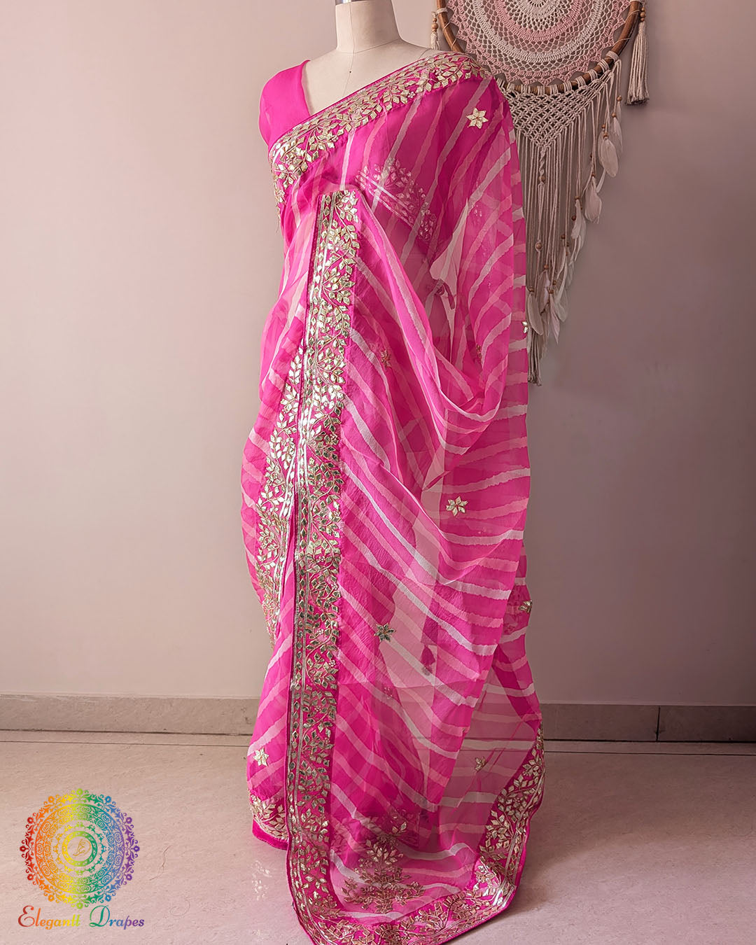 Pink Organza Leheria Saree with Kachha Gota Handwork – Side Drape highlighting the lightweight Organza fabric, flowing Leheria design and traditional Gota embellishment