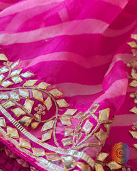 Pink Organza Leheria Saree – Close view of the Leheria body and handcrafted Kachha Gota detailing creating an elegant festive look