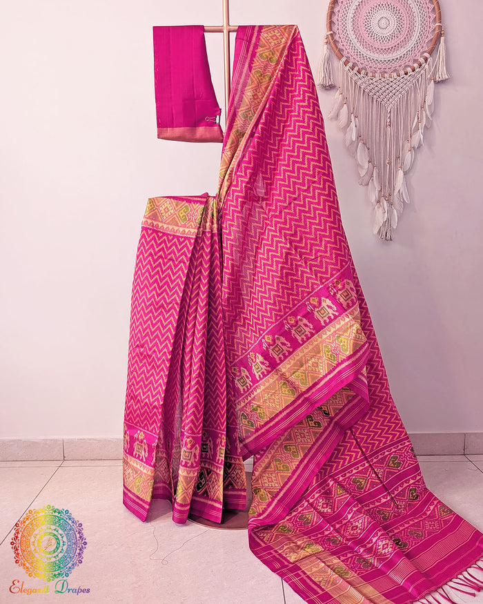 Rani pink pure mulberry silk Rajkot Patola saree drape view