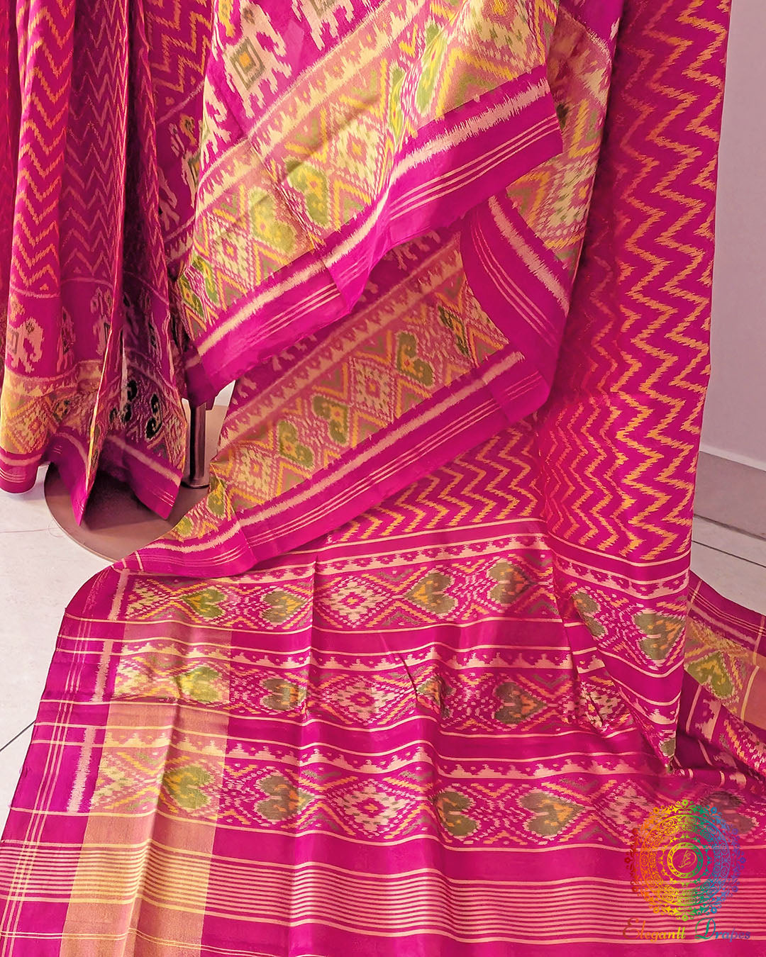 Rani pink pure mulberry silk Rajkot Patola saree palla