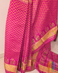 Rani pink pure mulberry silk Rajkot Patola saree pleats