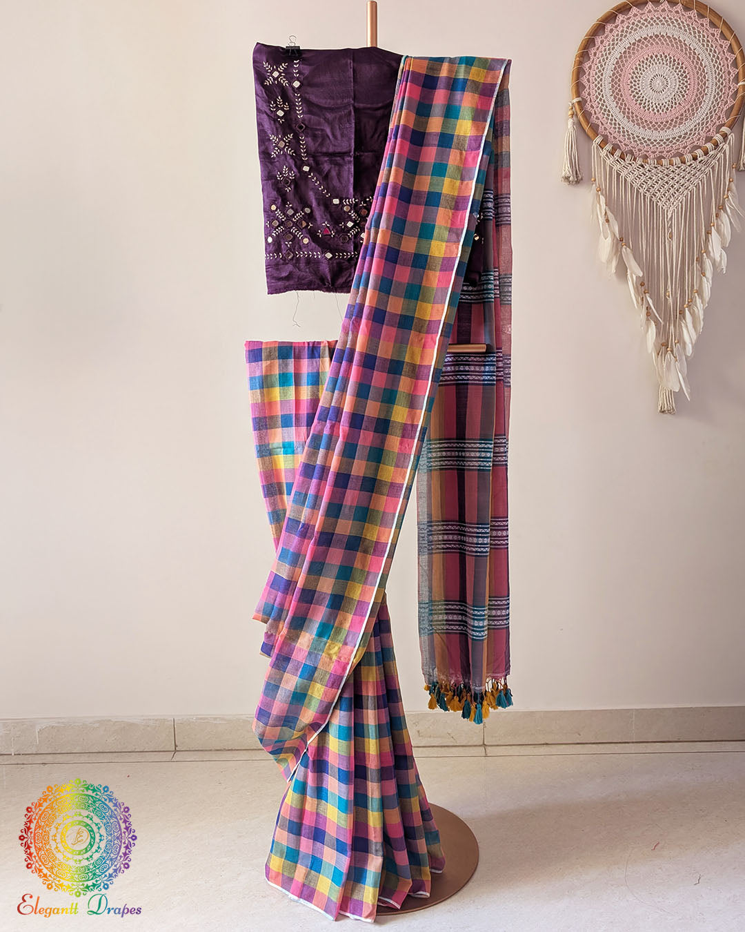 Pink Purple Madras Checks Bengal Cotton Saree with Jamdani Palla