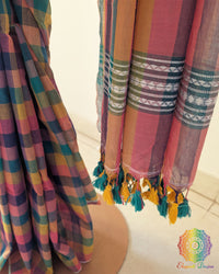 Pink Purple Madras Checks Bengal Cotton Saree with Jamdani Palla
