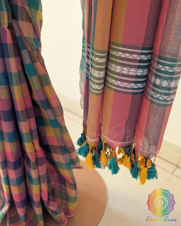 Pink Purple Madras Checks Bengal Cotton Saree with Jamdani Palla