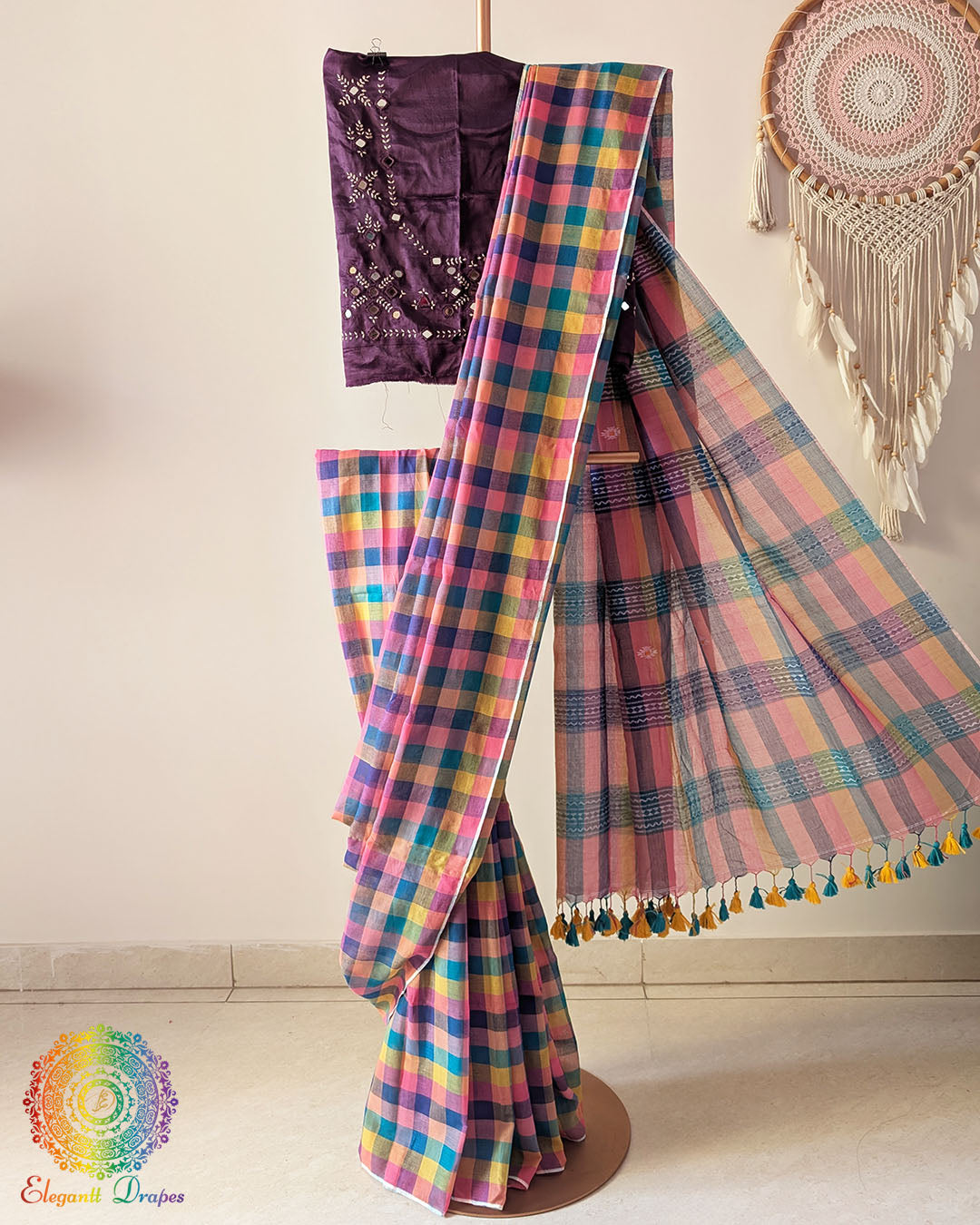 Pink Purple Madras Checks Bengal Cotton Saree with Jamdani Palla