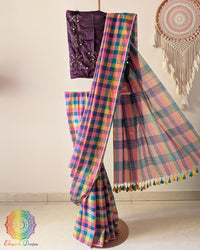Pink Purple Madras Checks Bengal Cotton Saree with Jamdani Palla