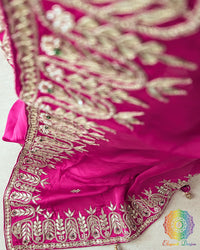 Close-up of Gota Patti and Sequin Handwork on Rani Pink Satin Crepe Saree pallu