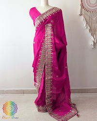 Rani Pink Satin Crepe Saree pallu drape with Gota Patti Handwork