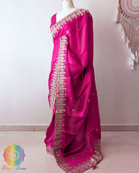 Rani Pink Satin Crepe Saree side view with Gota Patti Handwork