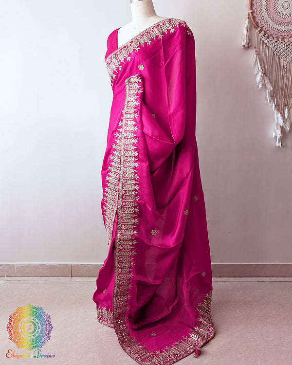 Rani Pink Satin Crepe Saree side view with Gota Patti Handwork