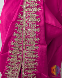 Close-up of Gota Patti Handwork on Rani Pink Satin Crepe Saree border
