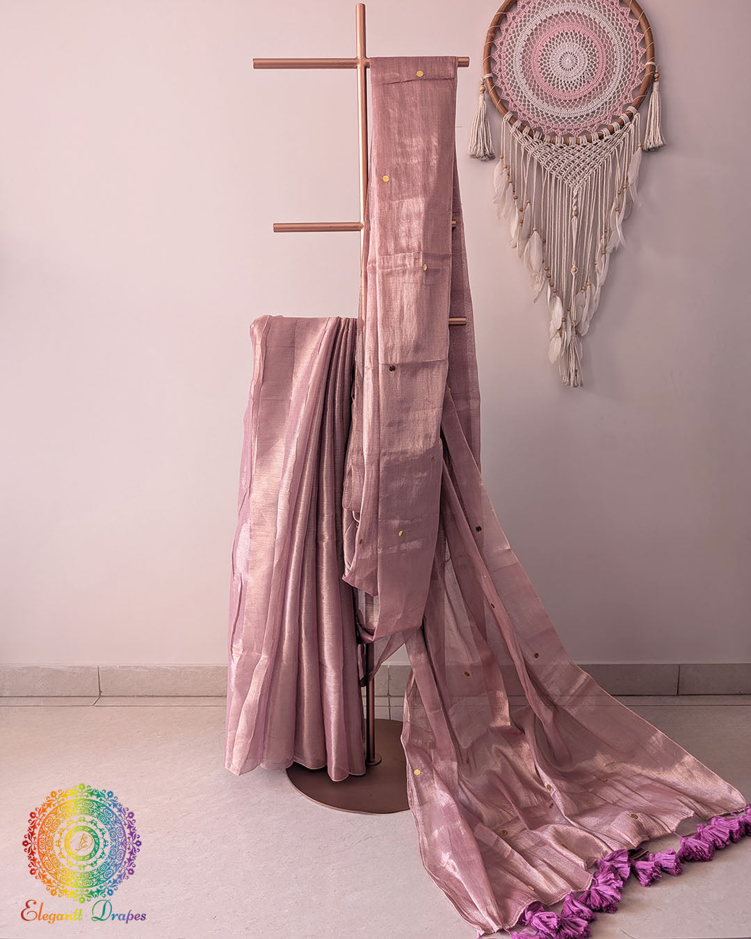 Blush pink Bengal mul tissue saree drape view with sequins work