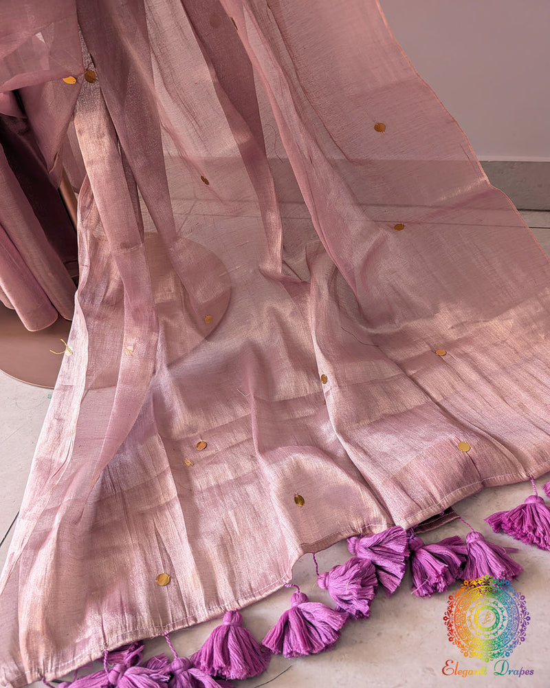 Blush pink Bengal mul tissue saree open palla view showing sequins detailing