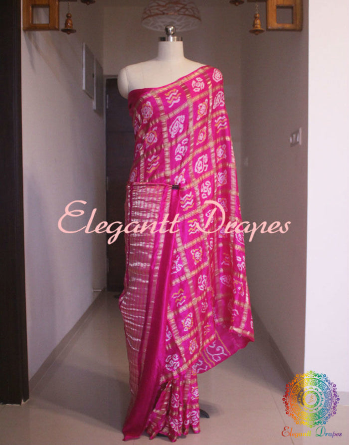 Close up of Bandhani work on Pink Gajji silk Gharchola saree