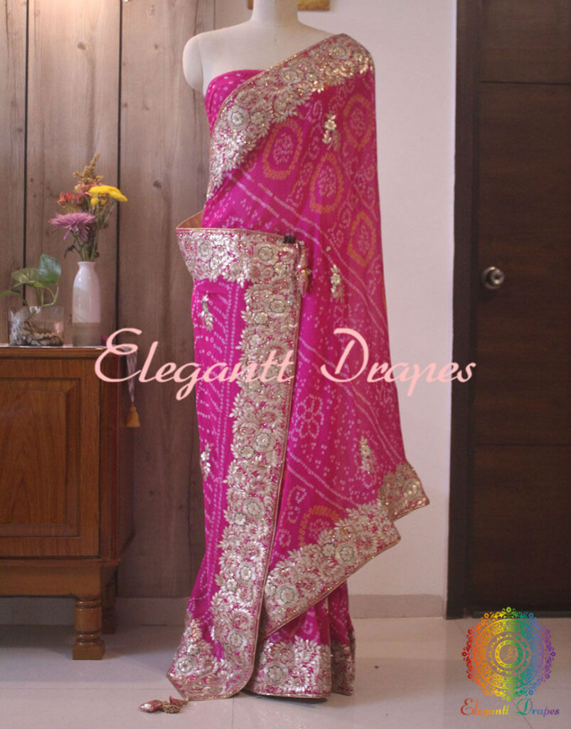 Pink Gota Patti Handwork Pure Rai Bandhej Saree