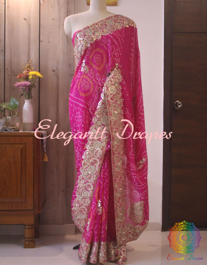 Pink Gota Patti Handwork Pure Rai Bandhej Saree