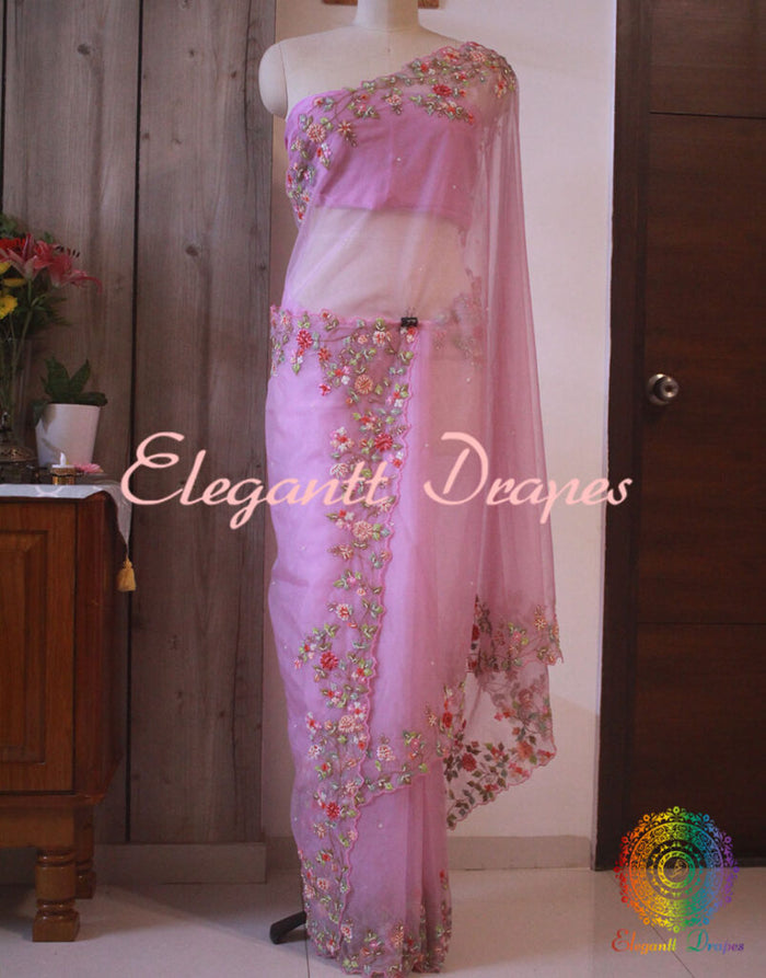 Pink Pure Organza Silk Hand Embroidered Saree – Handloom Saree Online India | Elegantt Drapes