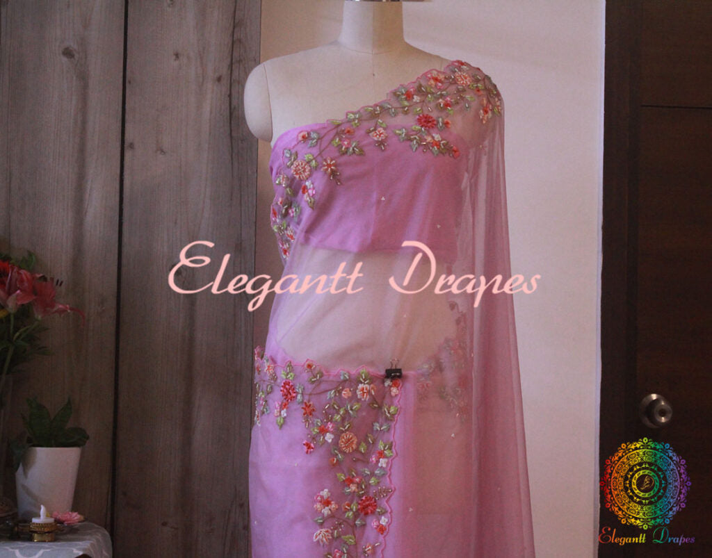 Pink Pure Organza Silk Hand Embroidered Saree – Handloom Saree Online India | Elegantt Drapes
