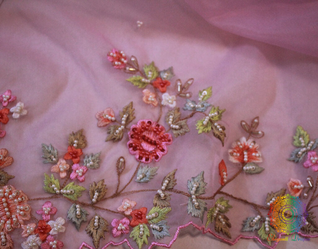 Pink Pure Organza Silk Hand Embroidered Saree – Handloom Saree Online India | Elegantt Drapes
